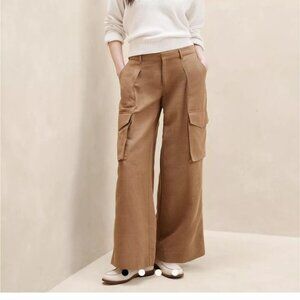 Banana Republic Linen Blend Camel Colored Cargo Wide Leg Pants, Women's 14